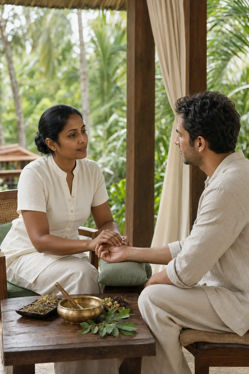 Ayurvedic practitioner conducting a personal wellness consultation