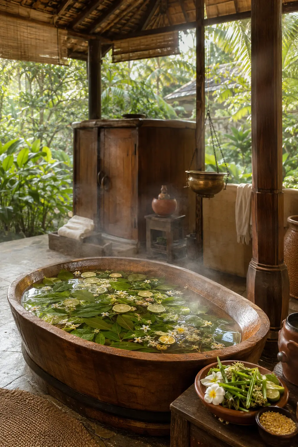Herbal bath and steam wellness experience with aromatic leaves