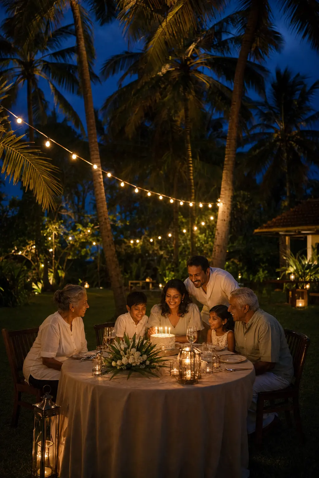 Birthday celebration beneath illuminated coconut palms