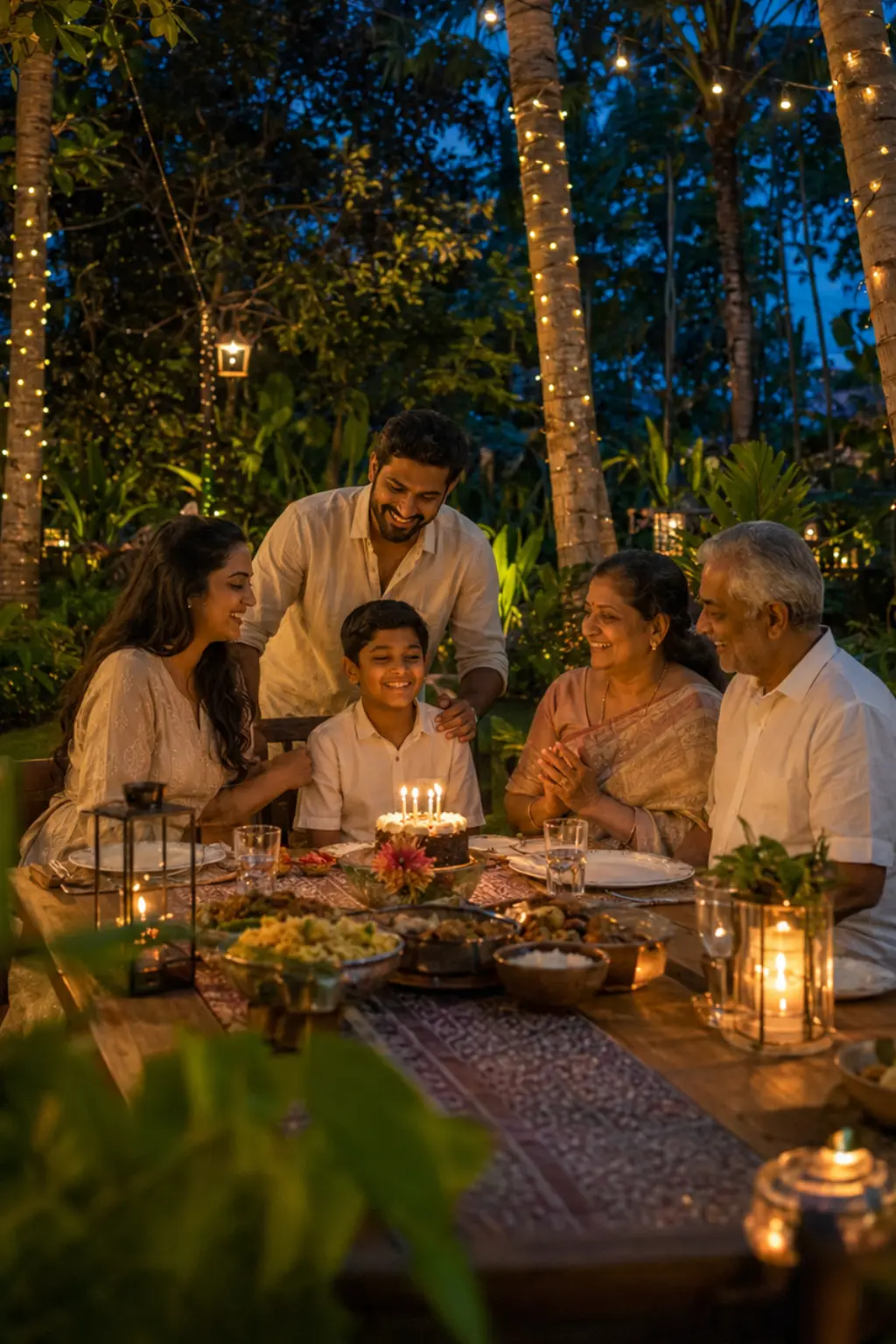 Family gathering beneath coconut palms at Palm Grove