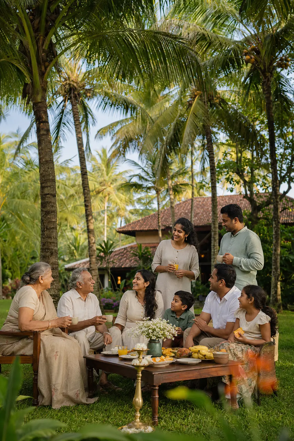Garden gathering beneath coconut palms