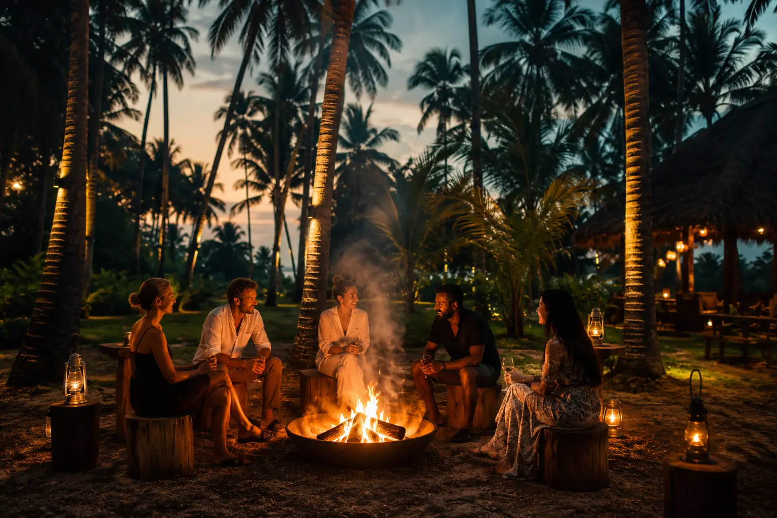 Group campfire beneath coconut palms