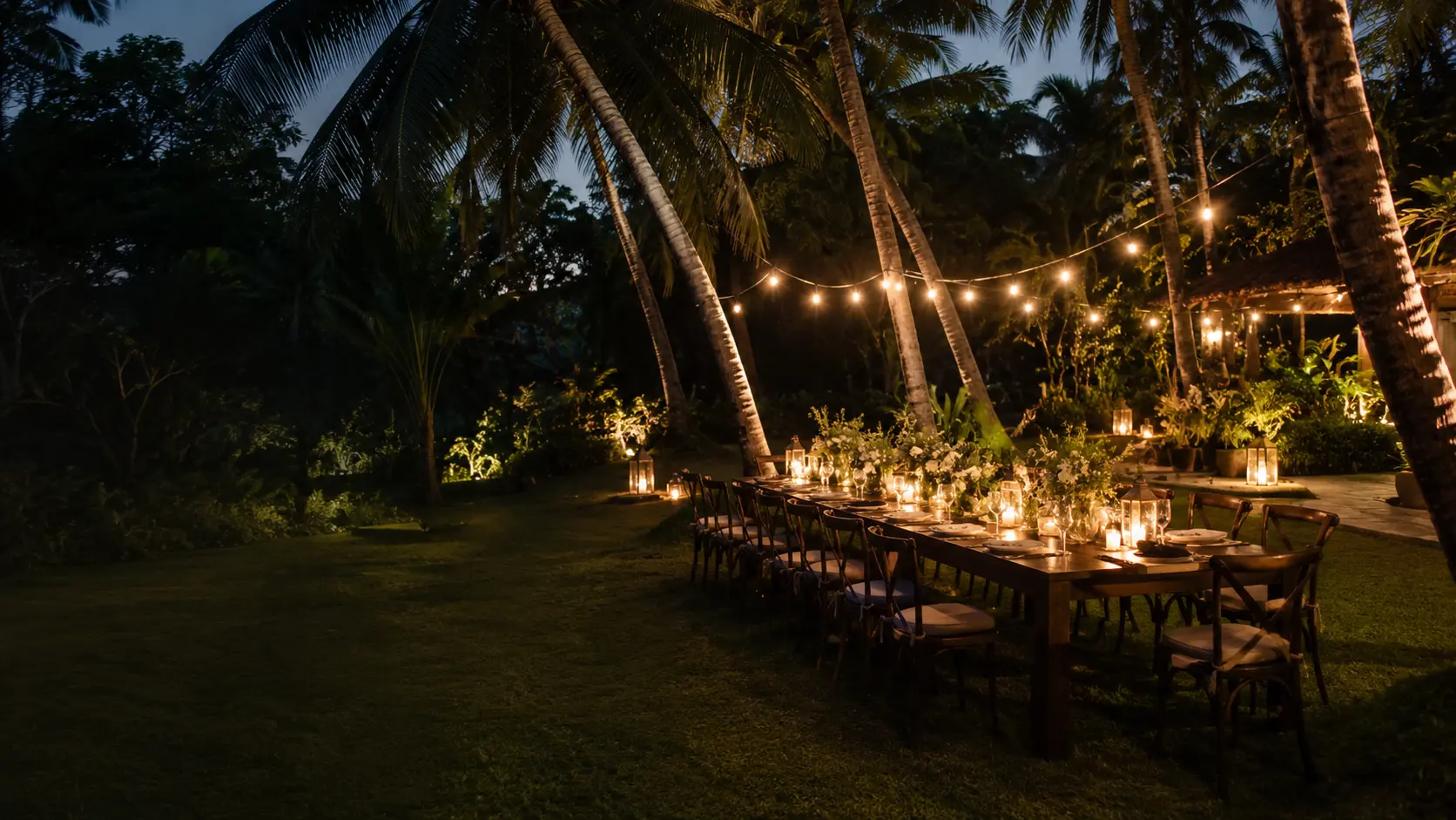 Garden celebration beneath coconut palms at Palm Grove