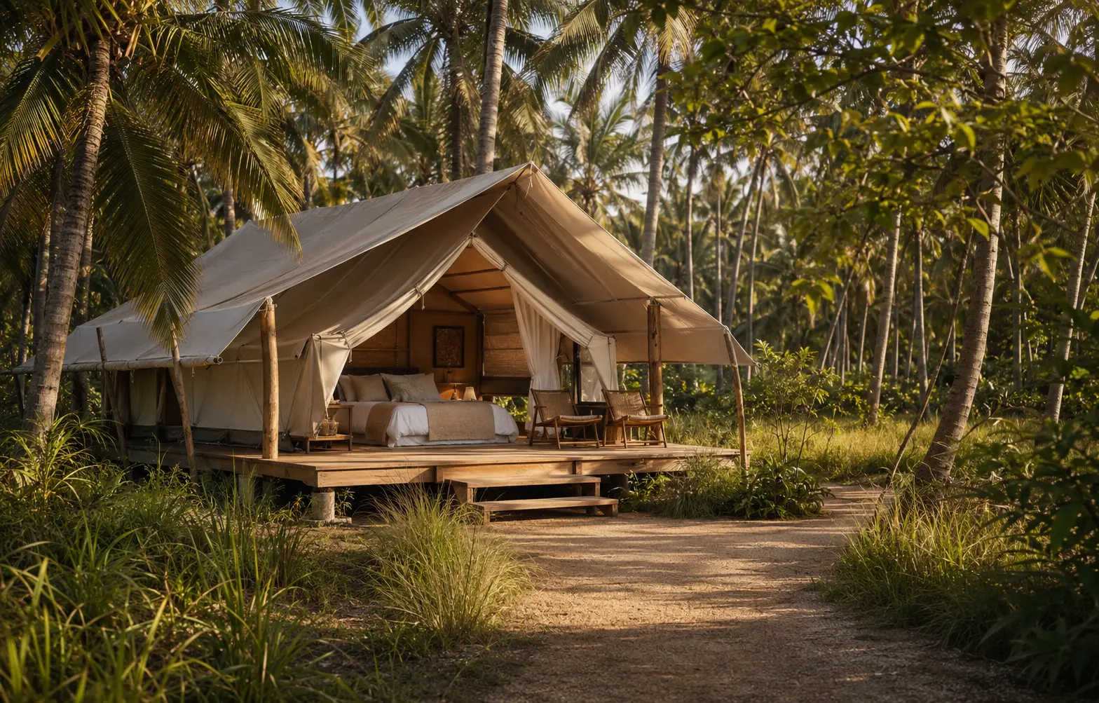 Comfortable glamping stay within a tropical landscape