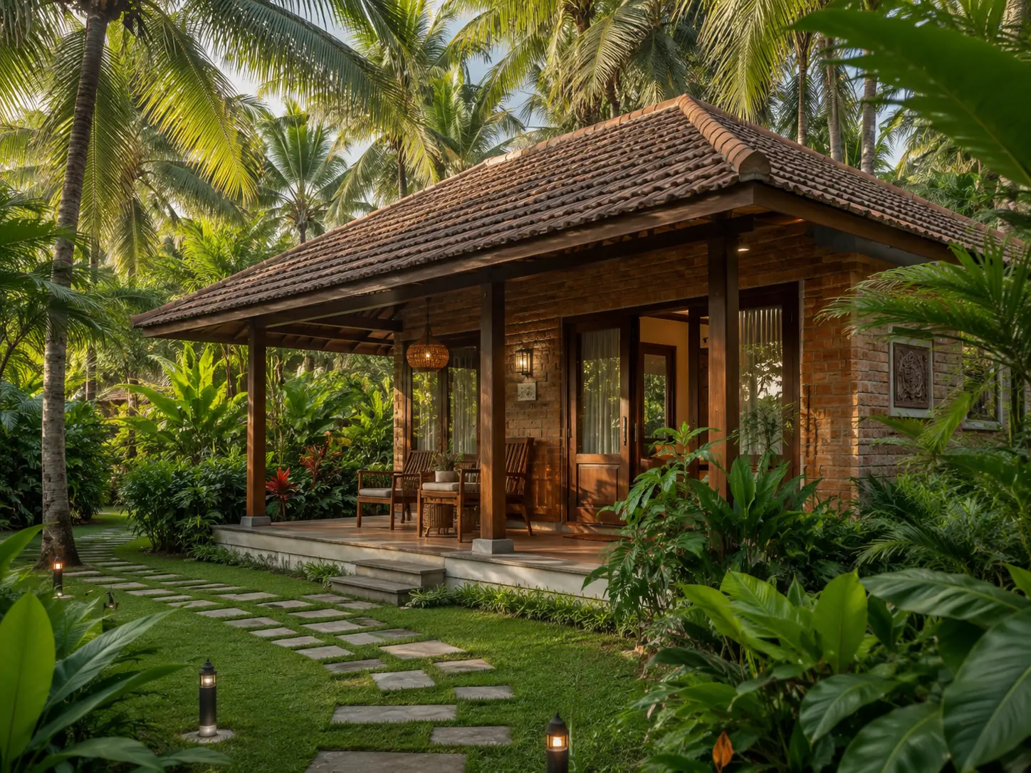 Chalet nestled among coconut palms