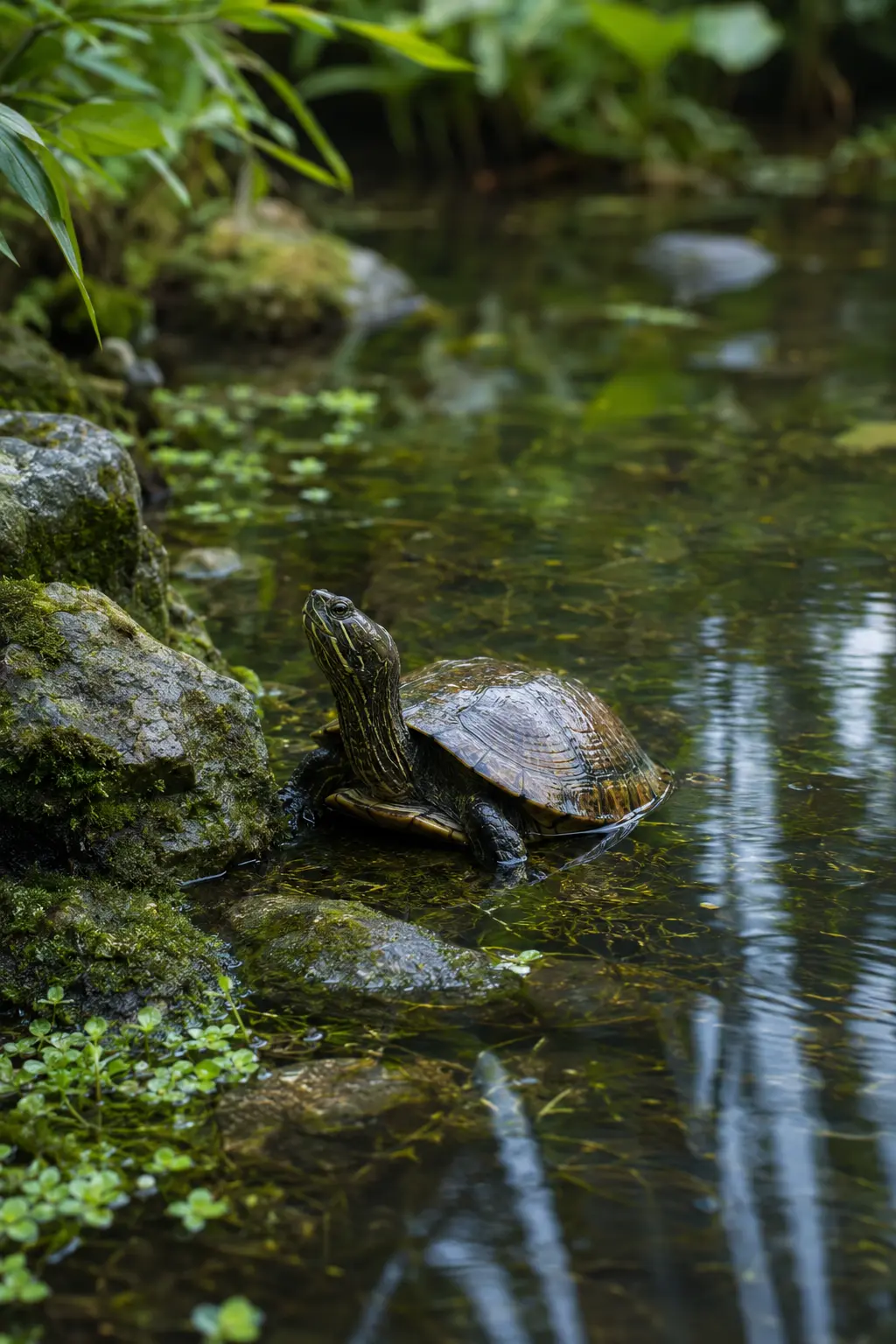 Freshwater turtle in a quiet Palm Grove habitat